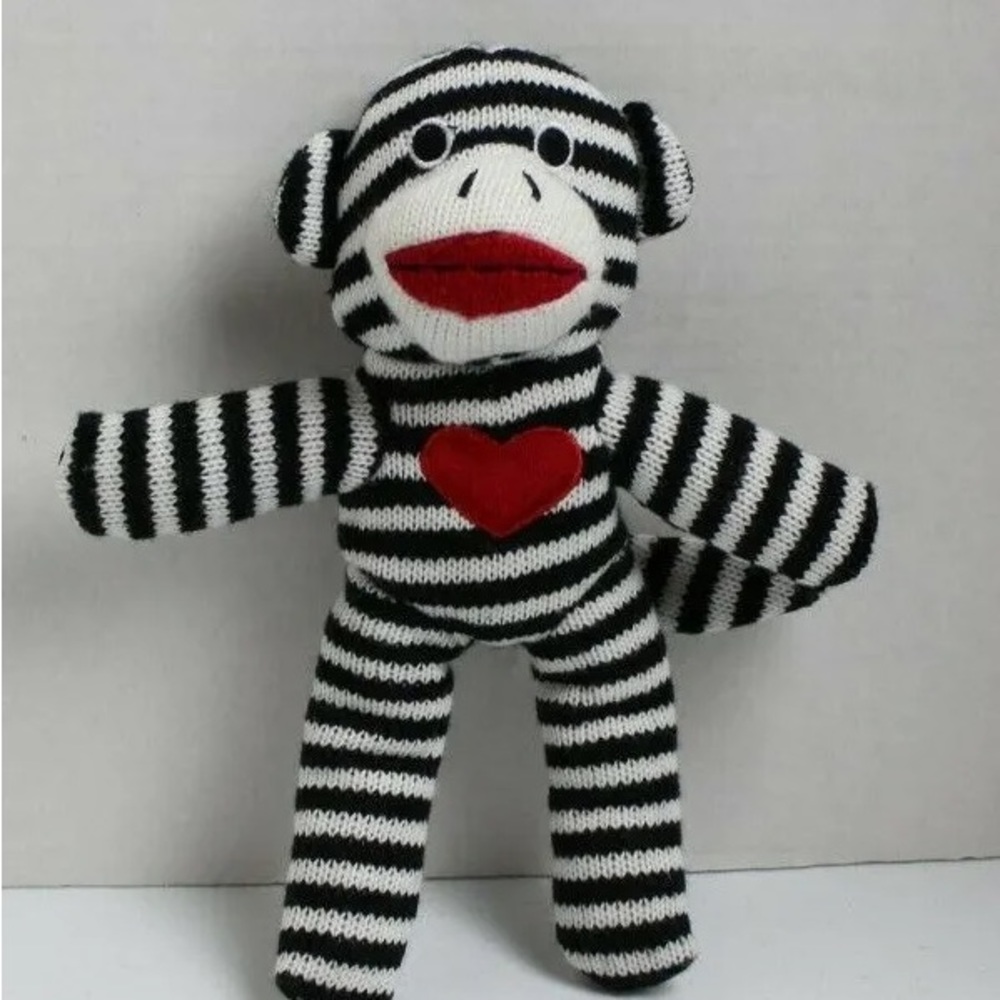 Dan Dee Collectors Choice Sock MOnkey Plush Black White Striped Red Heart 9"